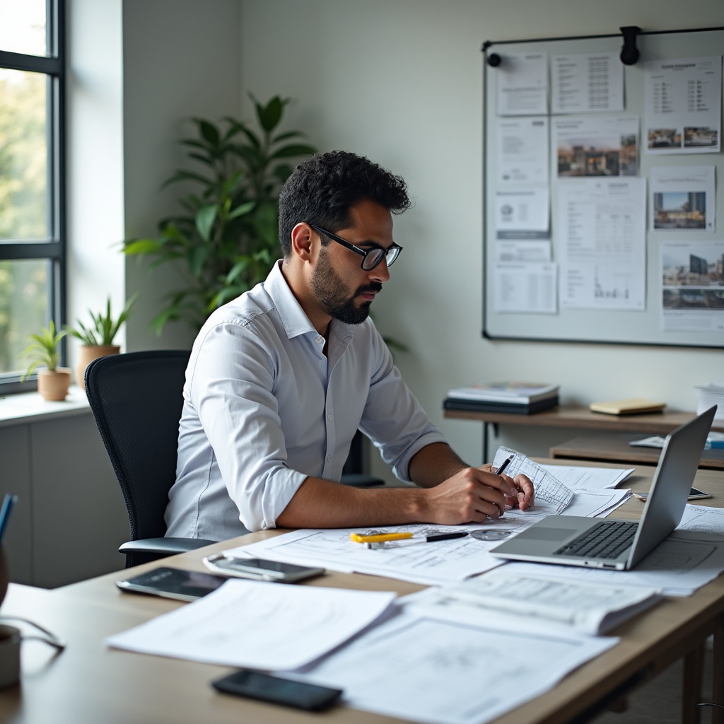 Construction cost analysis documents and blueprints